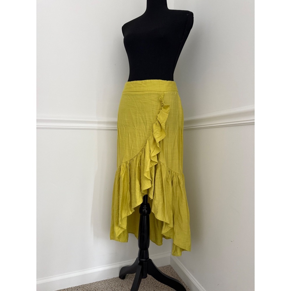 Sunburst Kiss Ruffle asymmetrical‎ Skirt Flowy lime yellow boho chic Size L